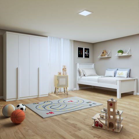 Quarto Infantil com Guarda-roupa Solteiro 4 Portas 2 Gavetas Alonzo e Cama Solteiro Athenas