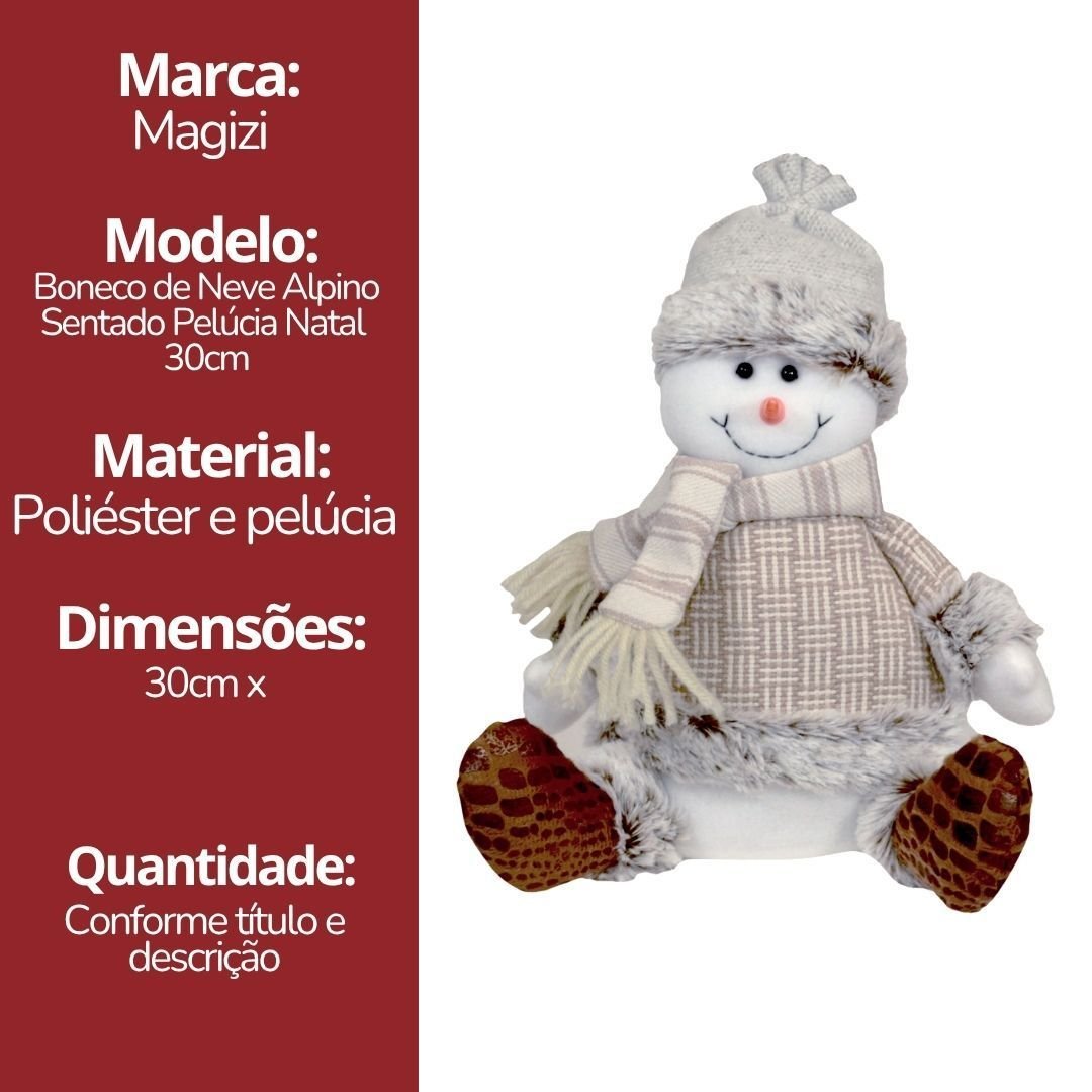 Boneco de Neve Alpino Sentado com Cachecol Pelúcia Natal 30cm