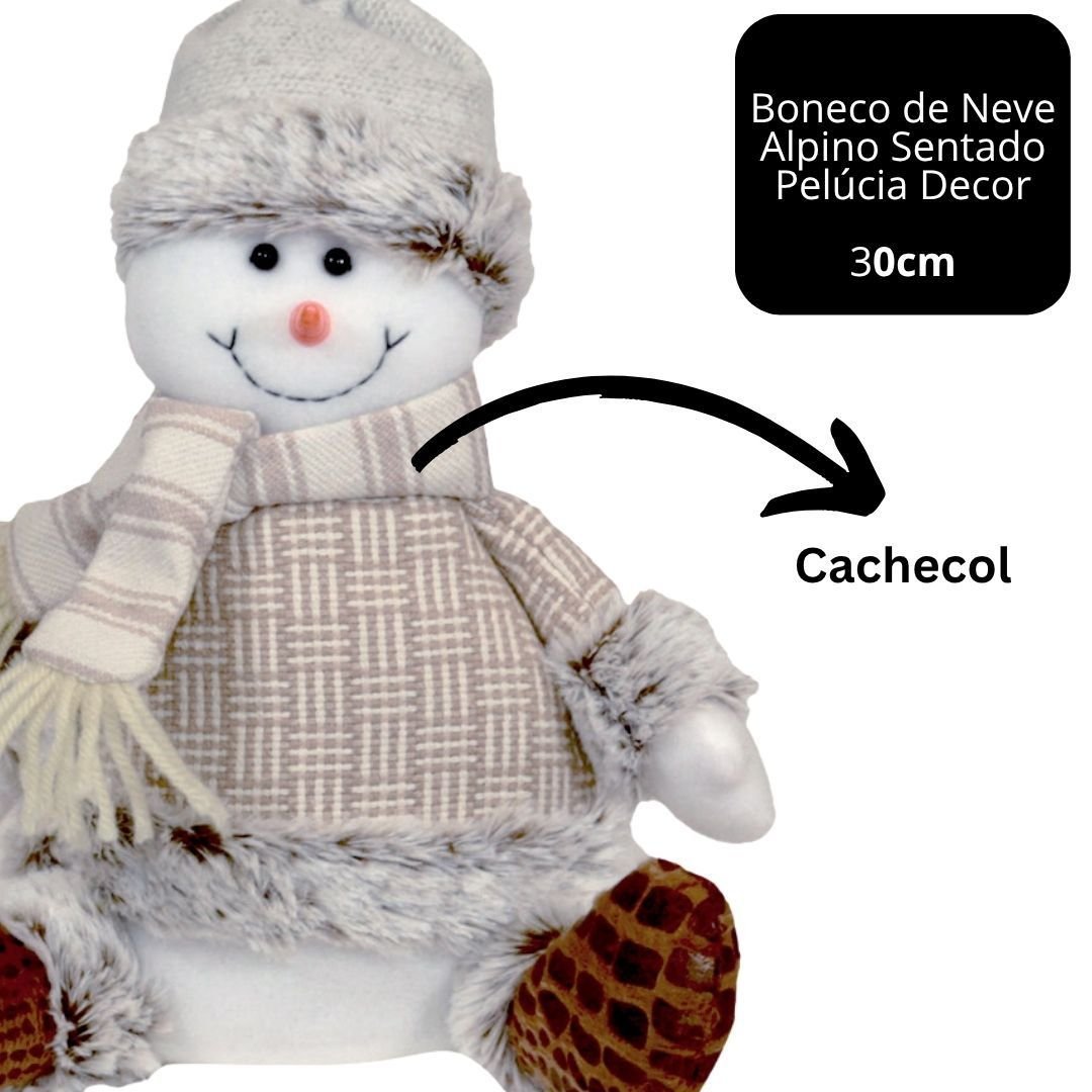 Boneco de Neve Alpino Sentado com Cachecol Pelúcia Natal 30cm