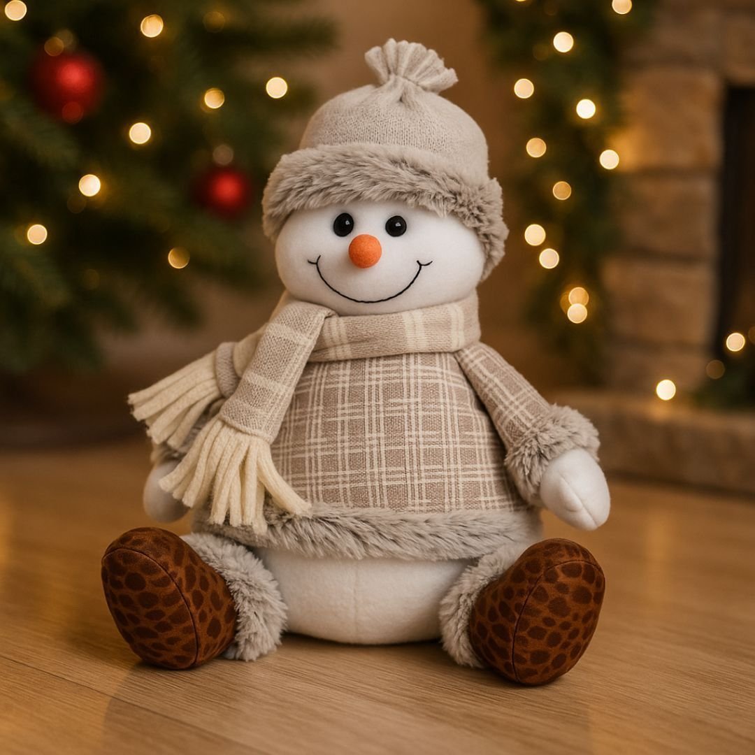 Boneco de Neve Alpino Sentado com Cachecol Pelúcia Natal 30cm