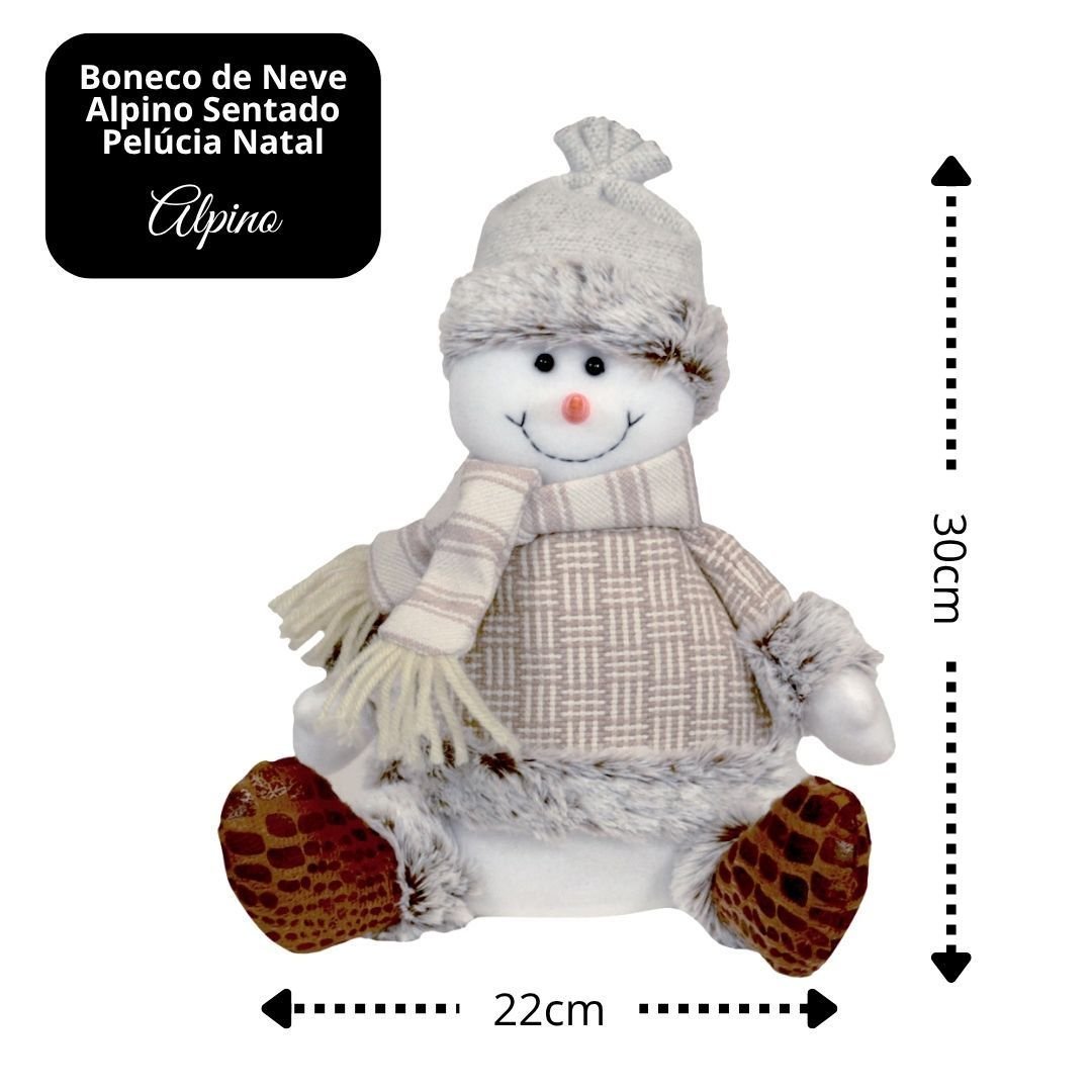 Boneco de Neve Alpino Sentado com Cachecol Pelúcia Natal 30cm