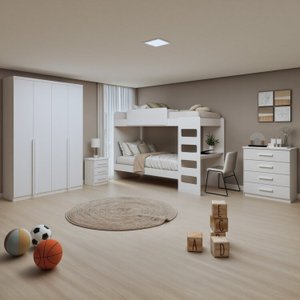 Quarto Infantil com Beliche Olga Cômoda e Criado Baião e Guarda-roupa Alonzo