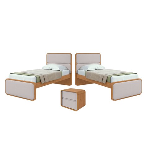 Quarto Infantil com 2 Camas Solteiro Loop Tecido Corano e Mesa de Cabeceira 2 Gavetas Loop