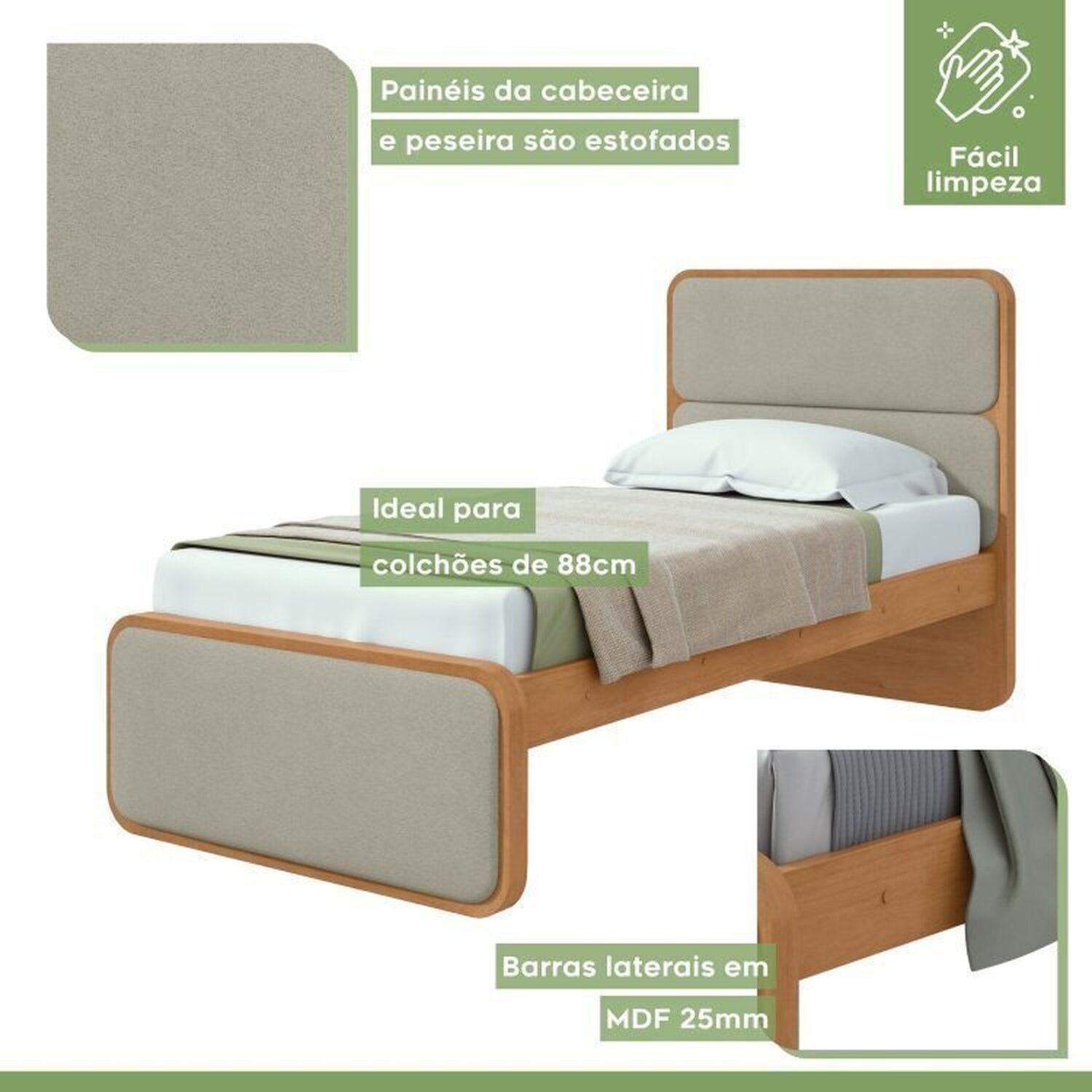 Quarto Infantil com 2 Camas Solteiro Loop Tecido Boucle e Mesa de Cabeceira 2 Gavetas Loop - 10