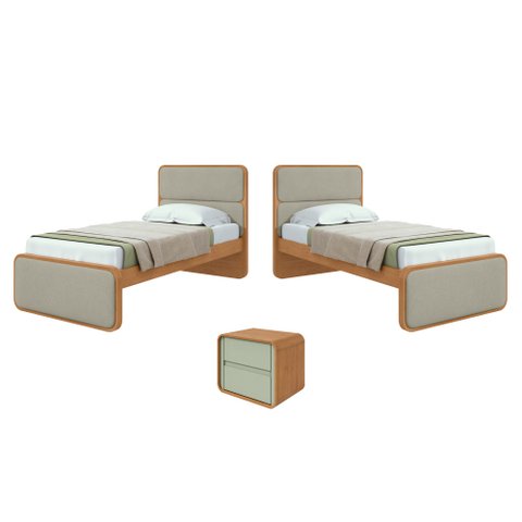 Quarto Infantil com 2 Camas Solteiro Loop Tecido Boucle e Mesa de Cabeceira 2 Gavetas Loop