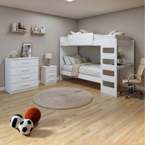 Quarto Infantil Beliche Olga com Cômoda e Mesa de Cabeceira Baião