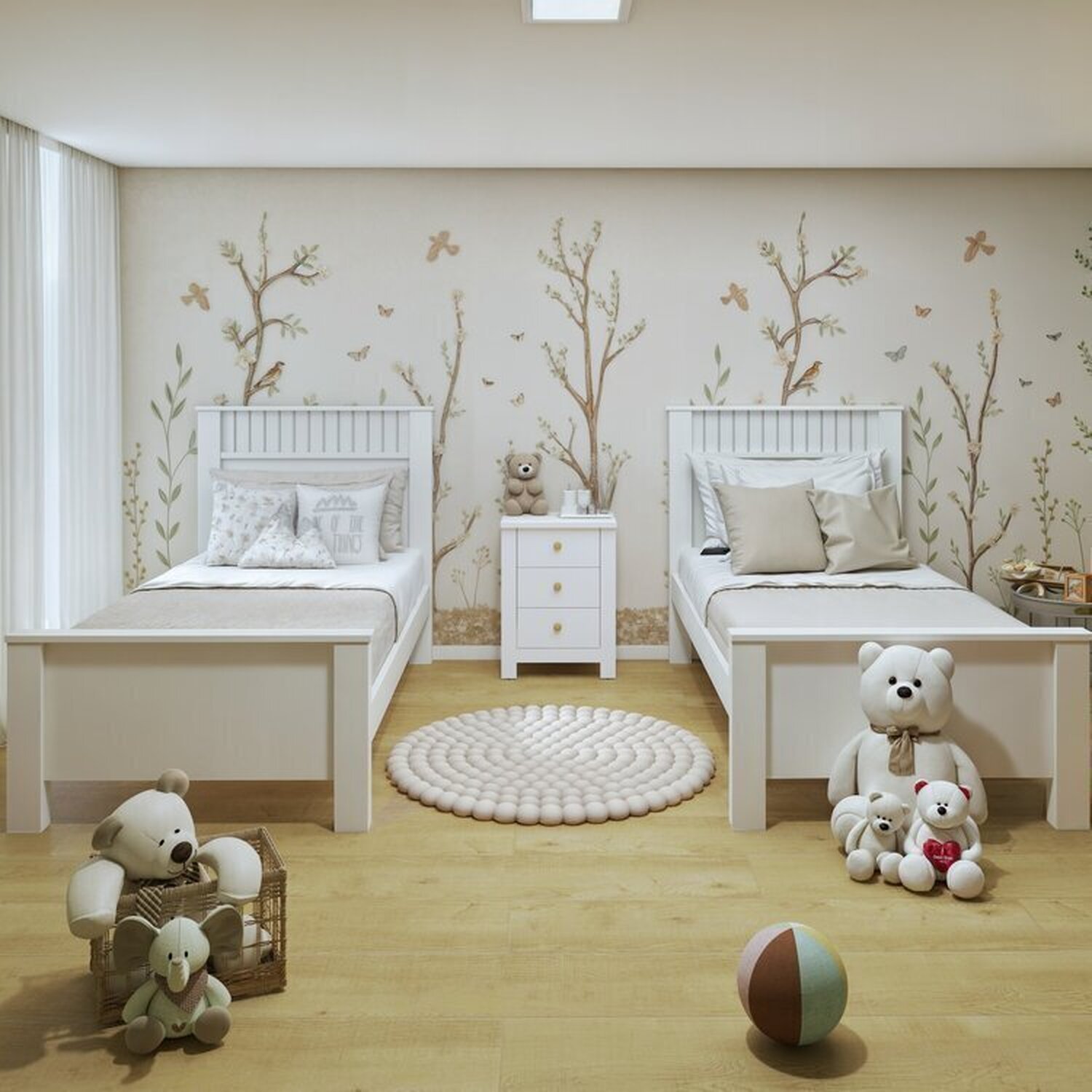 Quarto Infantil com 2 Camas Solteiro Athenas Plus e Mesa de Cabeceira 3 Gavetas Maggiore New