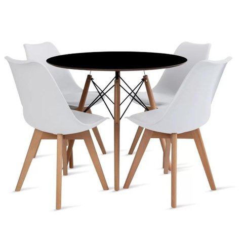 Conjunto Mesa Preta Eames 90cm e 4 Cadeiras Leda Branca