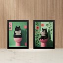 Ver imagem 2 de Kit 2 Quadros Gato no Banheiro - Verde e Rosa 45x34cm:moldura Preta