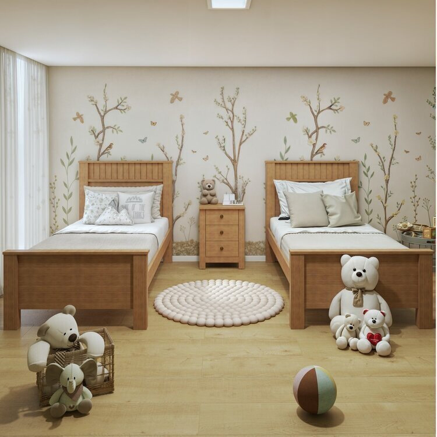 Quarto Infantil com 2 Camas Solteiro Athenas Plus e Mesa de Cabeceira 3 Gavetas Maggiore New