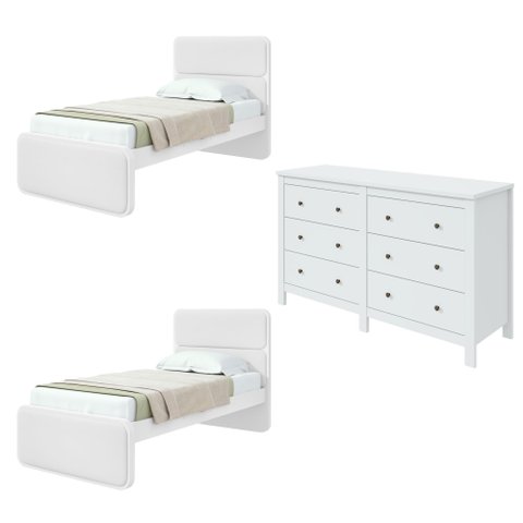 Kit Quarto Infantil 3 Peças com 2 Camas de Solteiro e Cômoda Loop Maggiore Branco