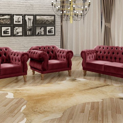 Conjunto Sofá Duquesa Chesterfield Lugares e 2 Poltronas Vermelho Bordô