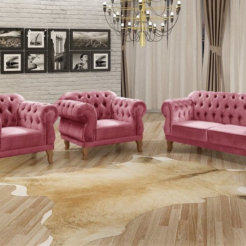 Conjunto Sofá Duquesa Chesterfield Lugares e 2 Poltronas Rosa