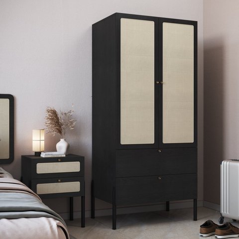 Guarda-Roupa 2 Portas 2 Gavetas Palhinha Pé Madeira Oslo Preto/Nero