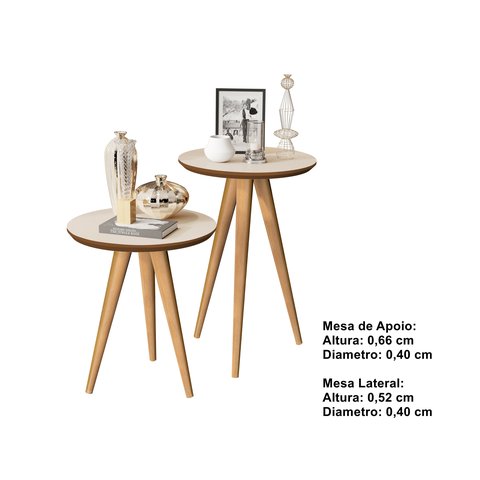 Kit 2 Mesas Lateral e Apoio 40cm Pés Palito Off white / Freijó - Comprar Moveis em Casa