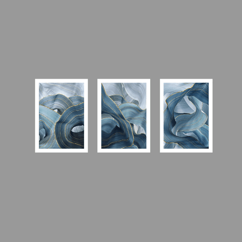 Tríptico - Quadros Decorativos Abstratos Azul Grande:Branco