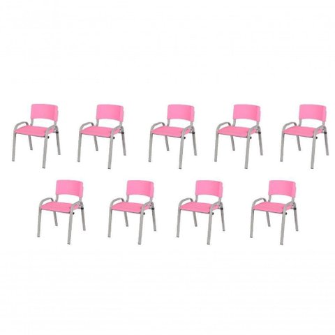 Kit 9 Cadeira Iso Infantil Creche, Base Cinza Rosa