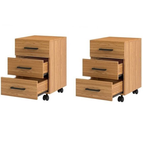 Kit 2 Gaveteiros 3 Gavetas com Rodízios 100% MDF 39,5x43cm Marrom/Damasco