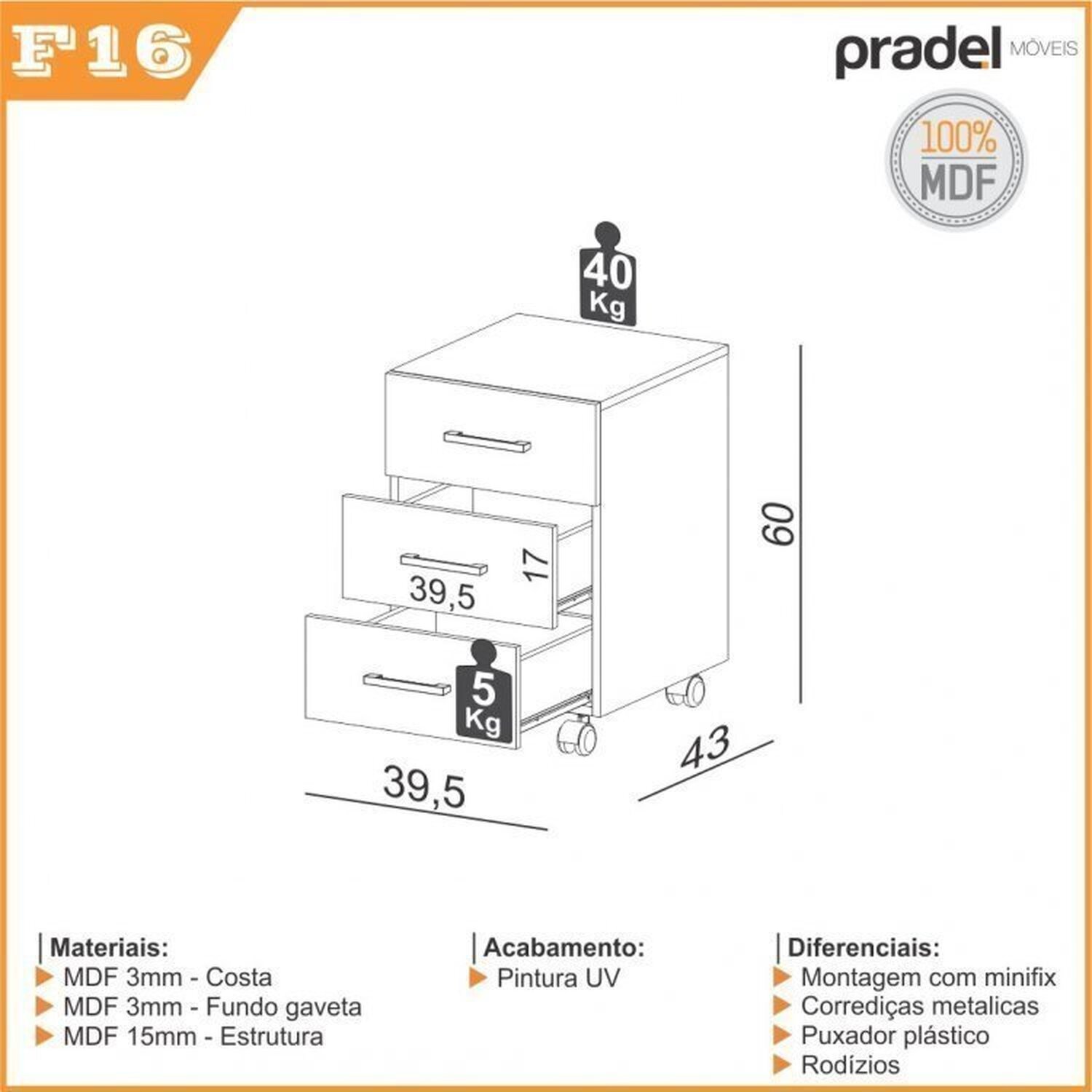 Kit 2 Gaveteiros 100% Mdf 3 Gavetas com Rodízios 39,5x43cm - 3