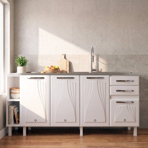 Balcão de Cozinha para Pia em Aço 4 Portas 2 Gavetas com Nichos 180cm Star New Branco