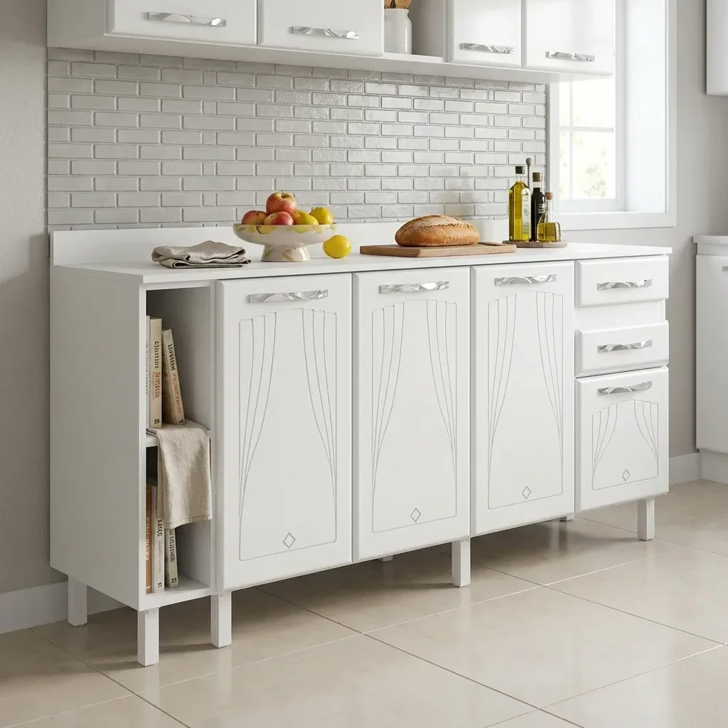 Ver imagem 1 de Balcão de Cozinha para Pia em Aço 4 Portas 2 Gavetas com Nichos 180cm Star New Branco