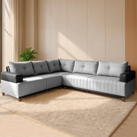 Sofá 5 Lugares 2,57x2,57m Canto Leona Luxo Bom Pastor Linho Cinza/preto