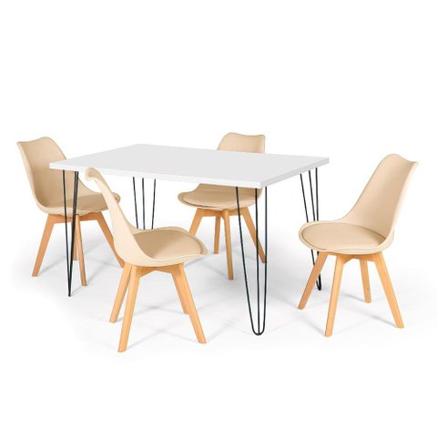 Conjunto Mesa de Jantar Hairpin 130x80 Branca com 4 Cadeiras Eiffel Leda - Nude