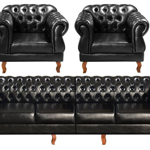 Sofá Duquesa Chesterfield Modulado 4 Lugares 2 Poltronas Decoração Sara Recepção Preto