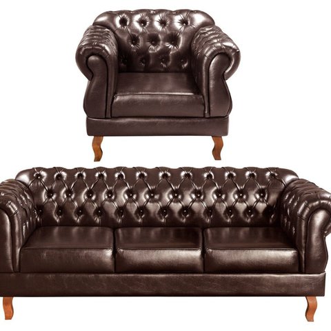 Conjunto Sofá Duquesa Chesterfield 3 Lugares + 1 Poltrona Marrom Café