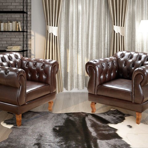 Conjunto 2 Poltronas Chesterfield Duquesa Decoração Sala Recepção Retrô Marrom Café