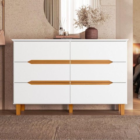 Cômoda Quarto 6 Gavetas 136 cm Puxador Cava e Pés 100% MDF Cor:Branco com Peroba