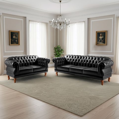 Sofá 2 e 3 Lugares Duquesa Decoração Sala Recepção Retrô Preto
