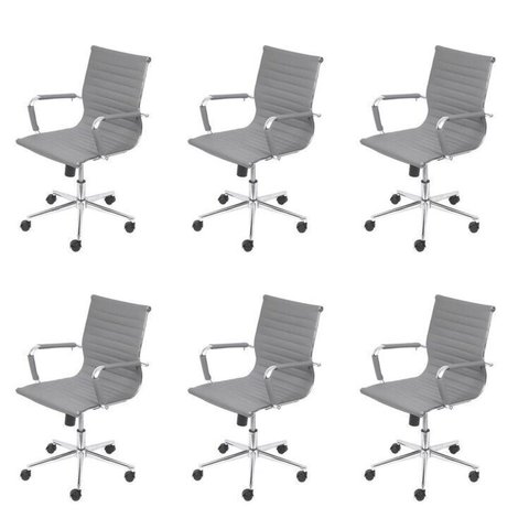 Kit 6 Cadeiras Escritório Diretor Esteirinha Rodízio Relax Corino 3301 Cinza