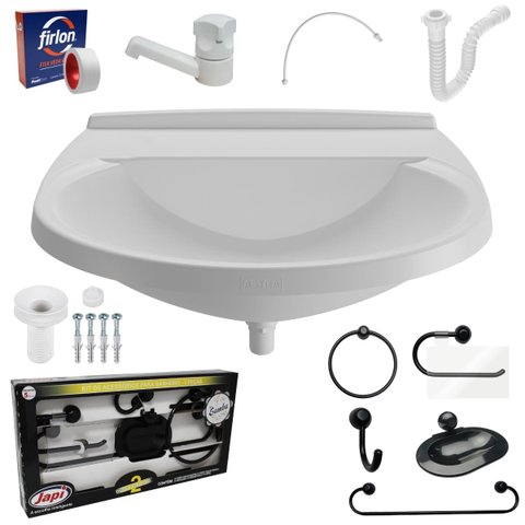 Pia Lavatório Banheiro 8l + Kit para Banheiro Redondo + Torneira Branca + Sifão Universal Sanfonado