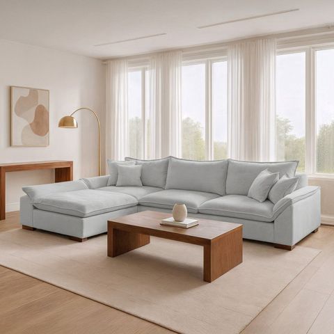 Sofá de Canto 6 Lugares com Chaise Modulado 320cm com Base em Madeira Maciça  Dominique