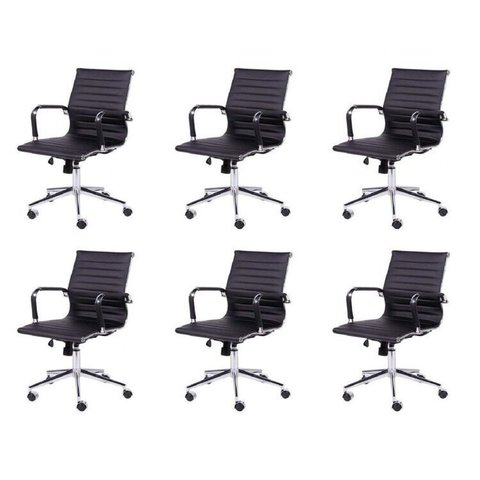 Kit 6 Cadeiras Escritório Diretor Esteirinha Rodízio Relax Corino 3301 Preto