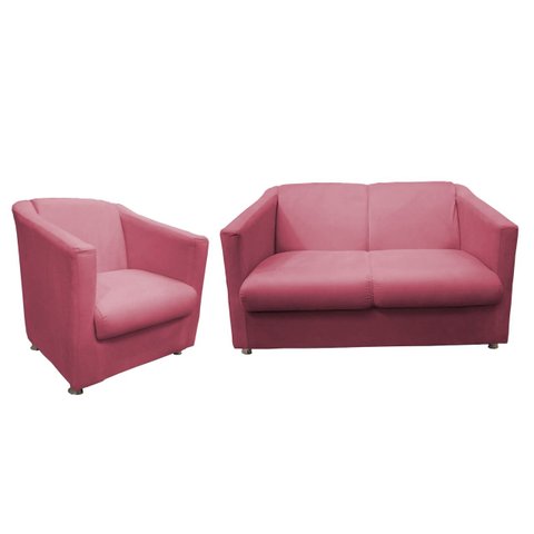Kit Namoradeira + 1 Poltrona Decorativa Biane Suede Rosa Pés Cromado Mz Decor