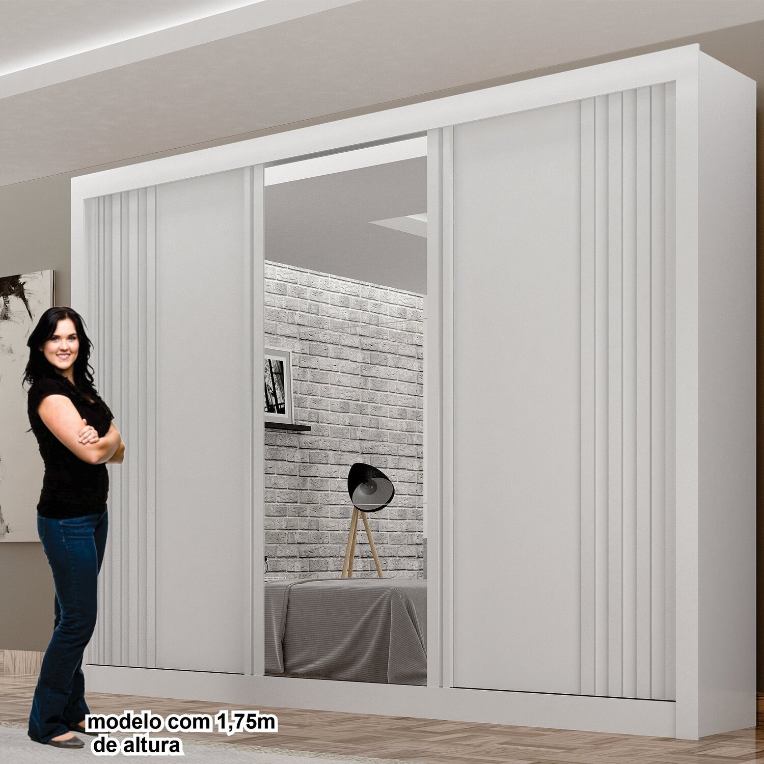 Guarda-roupa 3 Portas Milano com Espelho na Porta Central e Portas Ripadas - 5