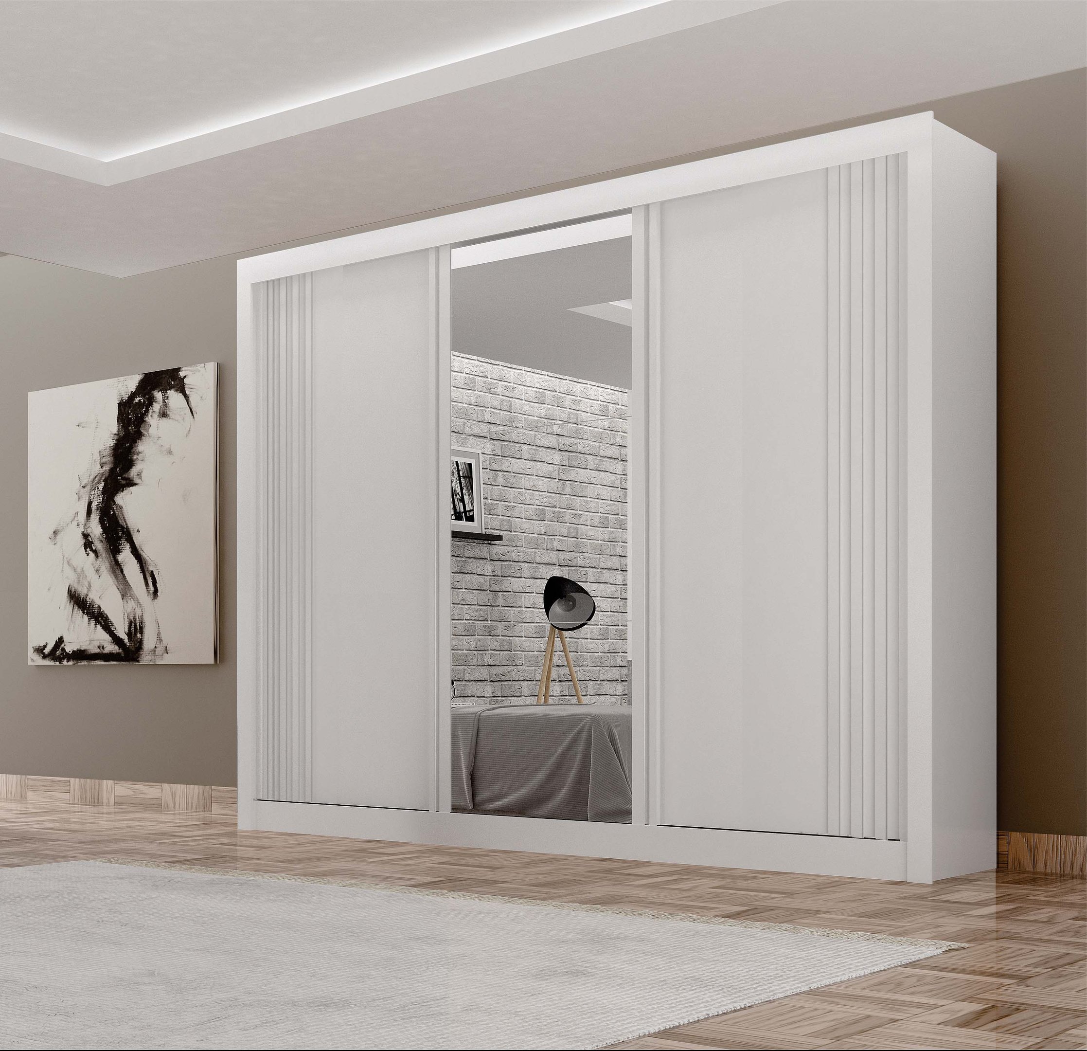 Guarda-roupa 3 Portas Milano com Espelho na Porta Central e Portas Ripadas - 1