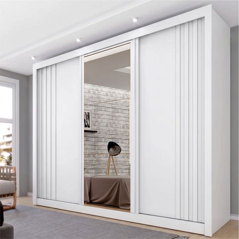 Guarda-Roupa 3 Portas Milano com Espelho na Porta Central e Portas Ripadas MDF Branco