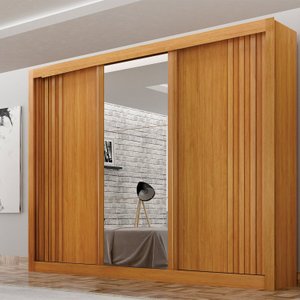 Guarda roupas 03 Portas Milano com Espelho na Porta Central, Portas Ripadas e 4 gavetas internas