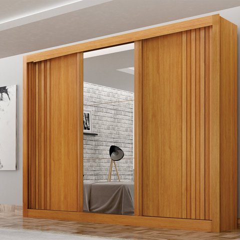 Guarda roupas 03 Portas Milano com Espelho na Porta Central, Portas Ripadas e 4 gavetas internas MDF