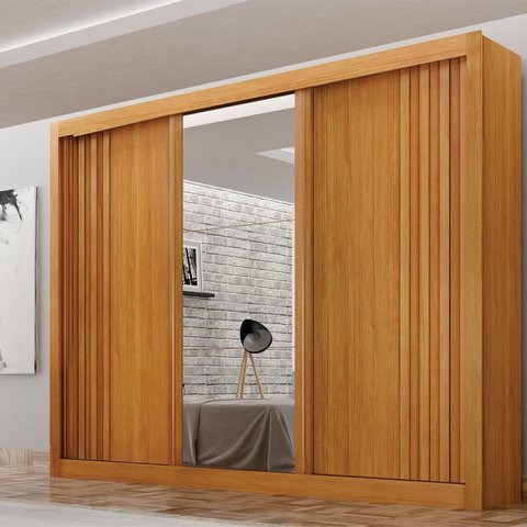Guarda roupas 03 Portas Milano com Espelho na Porta Central, Portas Ripadas e 4 gavetas internas MDF