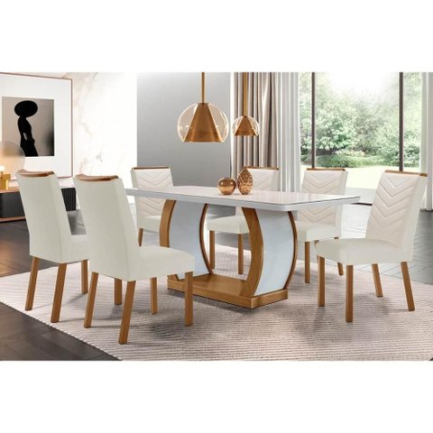 Conjunto: Mesa de Cozinha Jade Tampo Madeirado C/ Vidro Canto Curvo 180x90 e 6 Cadeiras Londrina