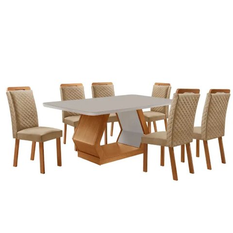 Mesa de Jantar Alvorada 180cm Tampo MDF Vidro Canto Copo com 6 Cadeiras Lorena Moderna Mobília