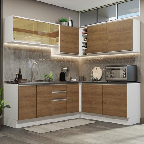 Armário de Cozinha Completa de Canto 100% MDF 389cm Branco/Rustic Acordes Madesa 02