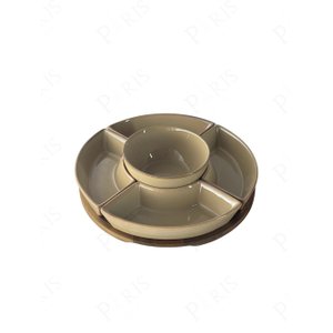 Petisqueira de Madeira com 5 Bowls de Cerâmica Bege Un0012 Btc