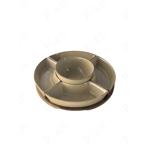 Petisqueira de Madeira com 5 Bowls de Cerâmica Bege Un0012 Btc