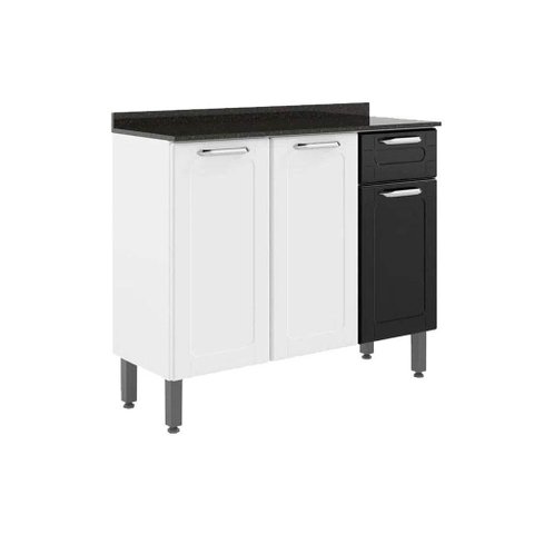 Módulo Cozinha Bertolini Dona Maria Balcão 6173 3 Portas e 1 Gaveta c/ Tampo e Pés Branco/Preto