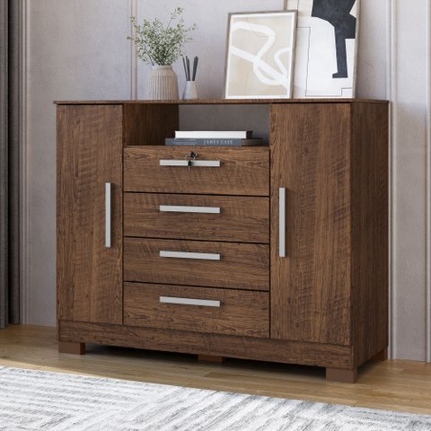 Cômoda para Quarto 2 Portas e 4 Gavetas com Chave 120,5cm com Pés Floripa Marrom/Malbec